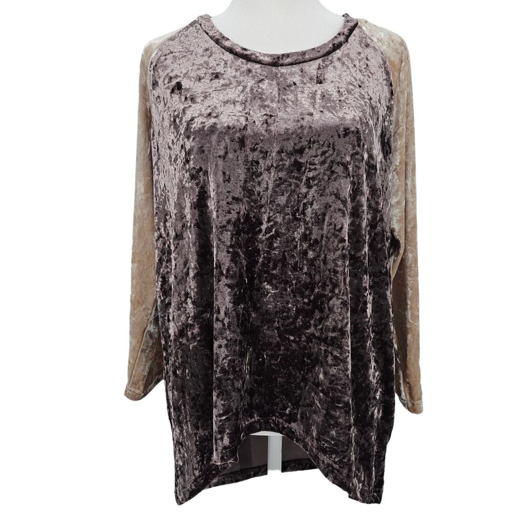 POL Womans size S Crushed Velvet High Low Hem 3/4 Length Sleeve Top Blouse Brown